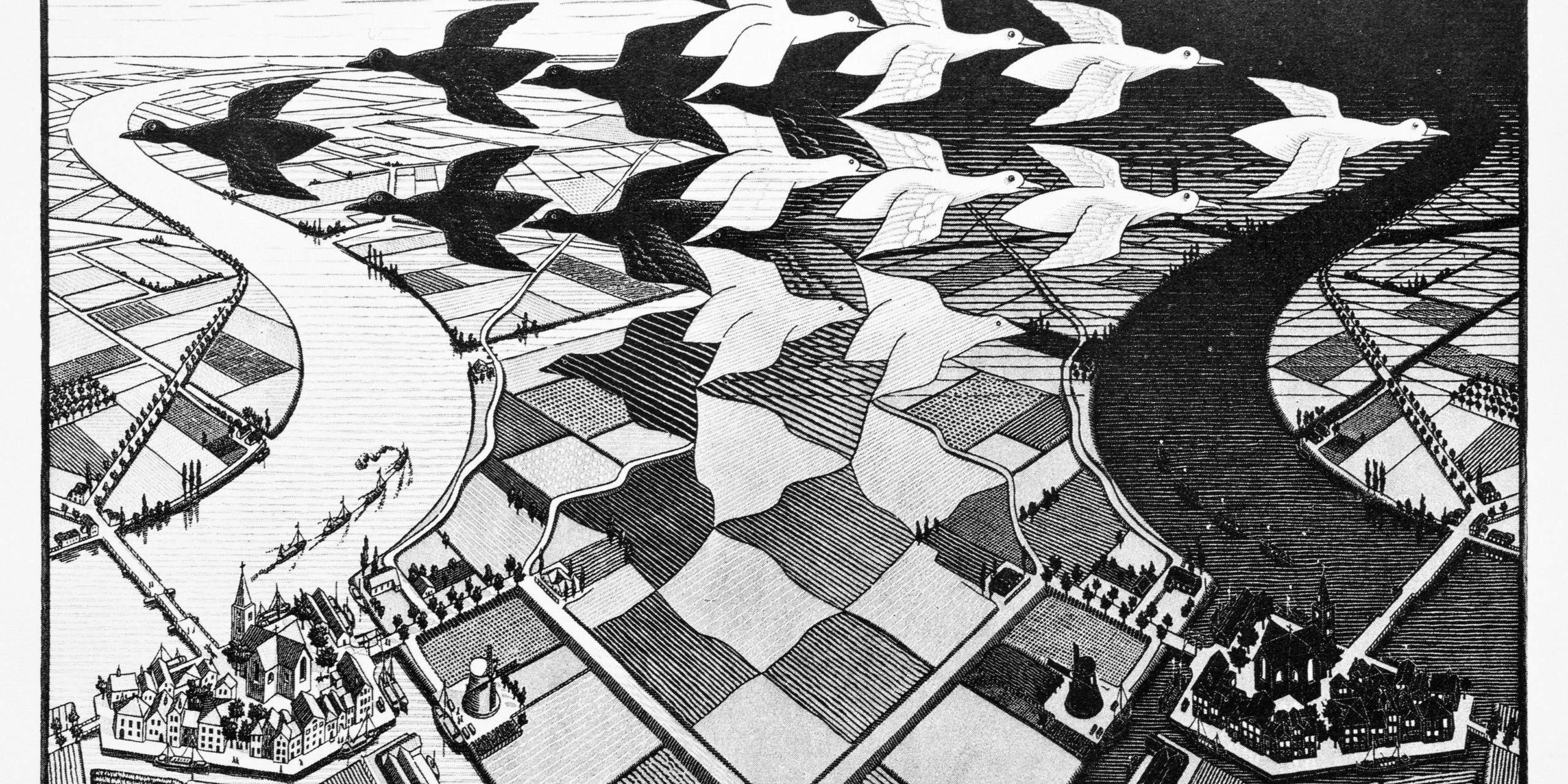 MC Escher’s woodcut print “Day and Night” (1938)